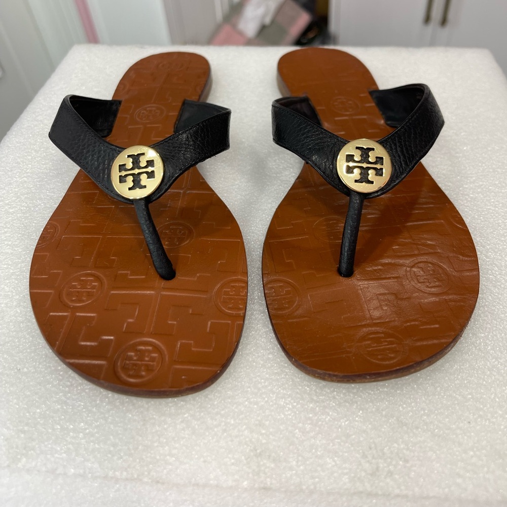 Tory Burch Black and Tan Thong Sandals